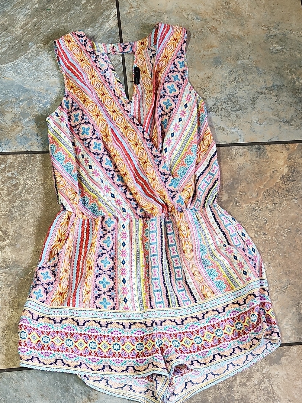 BeBop Multicolor Striped Floral Print Sleeveless Romper - Pink, Yellow, Blue